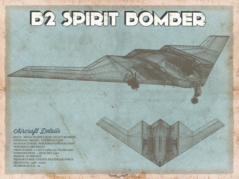 14" x 11" / Stretched Canvas Wrap Cutler West B2 Spirit Bomber Patent Blueprint Original Design Wall Art