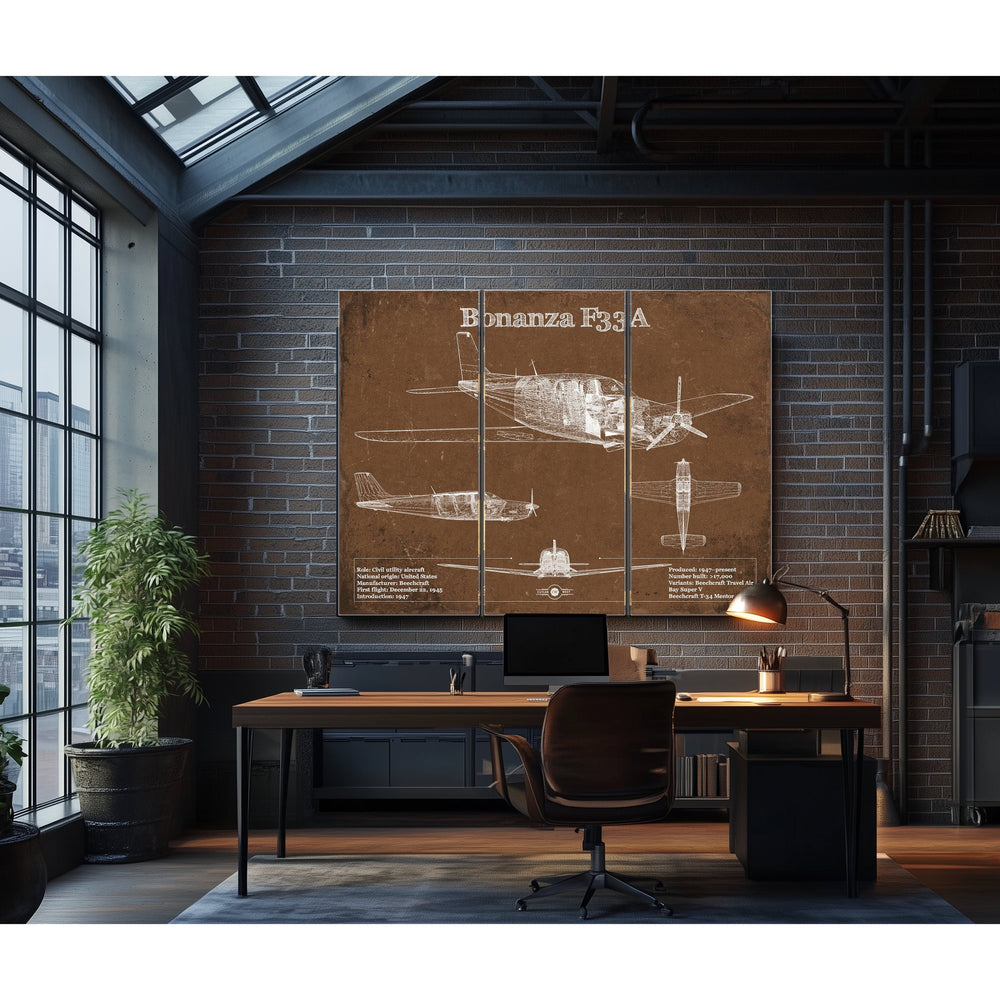Beechcraft Bonanza F33A Blueprint Airplane Print in a distressed Vintage Black wood frame with ornate corners