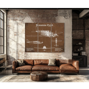 Beechcraft Bonanza F33A Blueprint Airplane Print as a 3 panel canvas wrap above a leather sofa