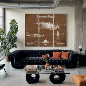 Beechcraft Bonanza F33A Blueprint Airplane Print as a 3 panel canvas wrap in a modern living room