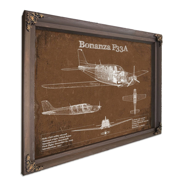 Beechcraft Bonanza F33A Blueprint Airplane Print in a Bourbon stained wood frame with antique gold corners