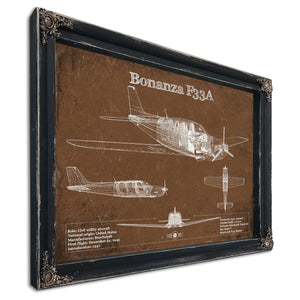 Beechcraft Bonanza F33A Blueprint Airplane Print in a distressed Vintage Black wood frame with ornate corners