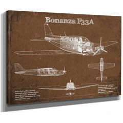 Beechcraft Bonanza F33A Blueprint Airplane Print as a stretched canvas wrap with gallery wrapped edges