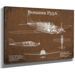 Beechcraft Bonanza F33A Blueprint Airplane Print as a stretched canvas wrap with gallery wrapped edges