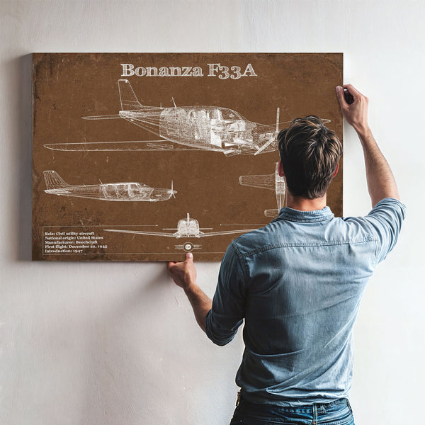 Beechcraft Bonanza F33A Blueprint Airplane Print framed in Vintage Black above a mid-century record console