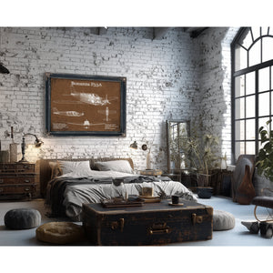 Beechcraft Bonanza F33A Blueprint Airplane Print framed in Vintage Black in a farmhouse entryway