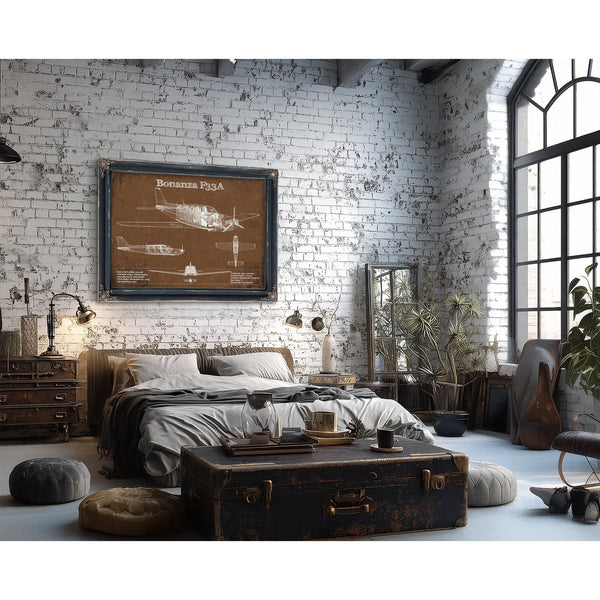 Beechcraft Bonanza F33A Blueprint Airplane Print framed in Vintage Black in a farmhouse entryway