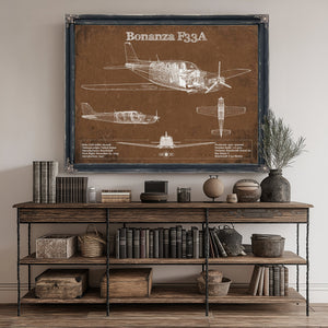 Beechcraft Bonanza F33A Blueprint Airplane Print canvas print size guide 24x18 36x24 48x36 inches