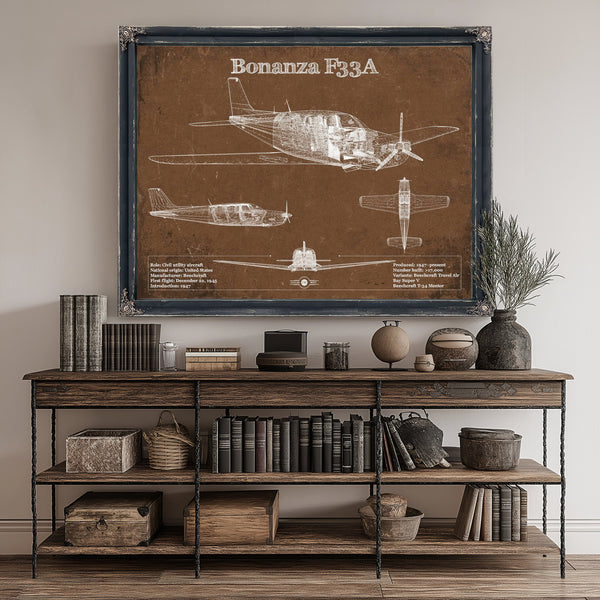 Beechcraft Bonanza F33A Blueprint Airplane Print canvas print size guide 24x18 36x24 48x36 inches