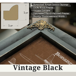 Vintage Black frame corner detail, 1.5 inch ornate wood moulding, Beechcraft Bonanza F33A Blueprint Airplane Print