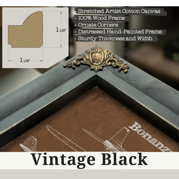 Vintage Black frame corner detail, 1.5 inch ornate wood moulding, Beechcraft Bonanza F33A Blueprint Airplane Print