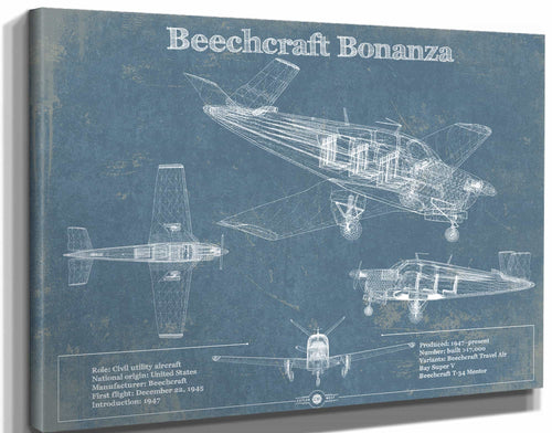 14" x 11" / Stretched Canvas Wrap Cutler West Beechcraft Bonanza Vintage Blueprint Airplane Print