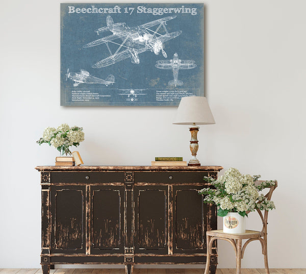 Cutler West Beechcraft Model 17 Staggerwing Vintage Blueprint Airplane Print