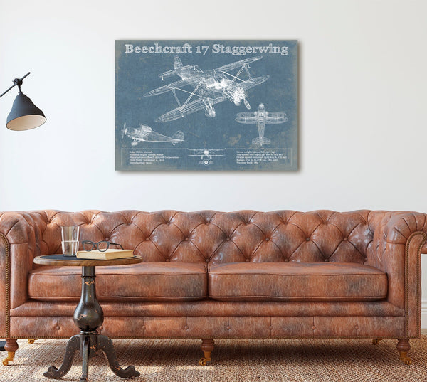 Cutler West Beechcraft Model 17 Staggerwing Vintage Blueprint Airplane Print
