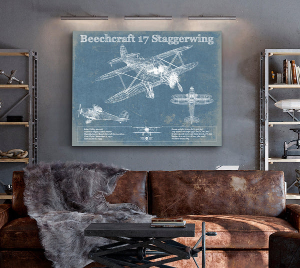 Cutler West Beechcraft Model 17 Staggerwing Vintage Blueprint Airplane Print