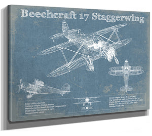 14" x 11" / Stretched Canvas Wrap Cutler West Beechcraft Model 17 Staggerwing Vintage Blueprint Airplane Print
