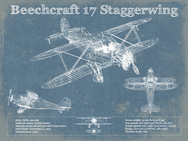 14" x 11" / Unframed Cutler West Beechcraft Model 17 Staggerwing Vintage Blueprint Airplane Print