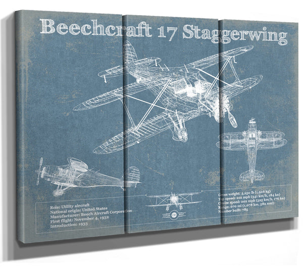 36" x 24" / 3 Panel Canvas Wrap Cutler West Beechcraft Model 17 Staggerwing Vintage Blueprint Airplane Print