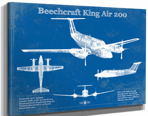 14" x 11" / Stretched Canvas Wrap Cutler West Beechcraft Super King Air Model 200 and 300 Series Vintage Blueprint Airplane Print