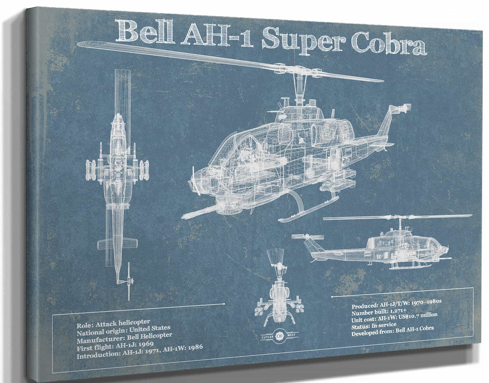 14" x 11" / Stretched Canvas Wrap Cutler West Bell AH-1 SeaCobra/Super Cobra Vintage Original Blueprint Military Print