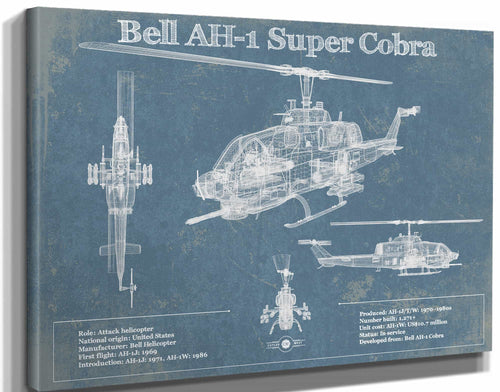 14" x 11" / Stretched Canvas Wrap Cutler West Bell AH-1 SeaCobra/Super Cobra Vintage Original Blueprint Military Print