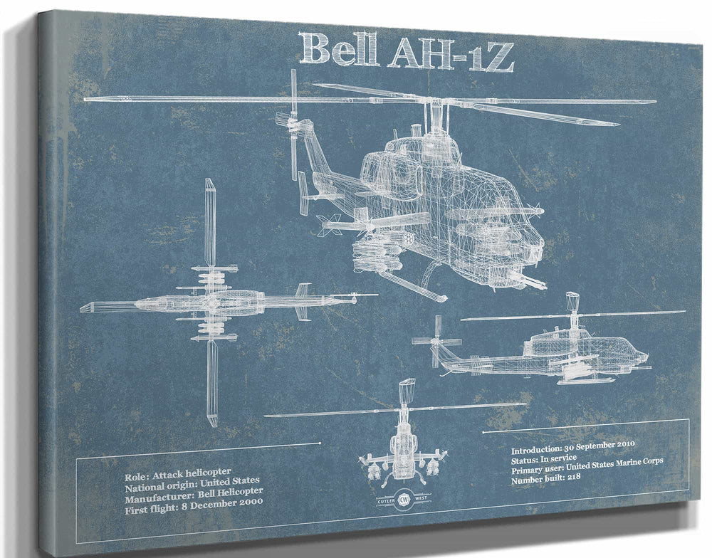 14" x 11" / Stretched Canvas Wrap Cutler West Bell AH-1Z Viper Vintage Original Blueprint Military Print