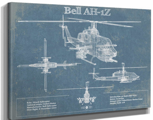 14" x 11" / Stretched Canvas Wrap Cutler West Bell AH-1Z Viper Vintage Original Blueprint Military Print