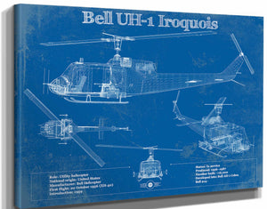 14" x 11" / Stretched Canvas Wrap Cutler West Bell UH-1 Iroquois (Huey) Vintage Blueprint Helicopter Print