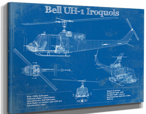 14" x 11" / Stretched Canvas Wrap Cutler West Bell UH-1 Iroquois (Huey) Vintage Blueprint Helicopter Print