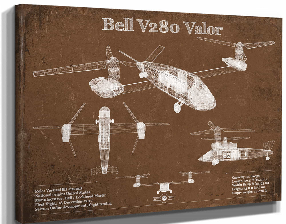 14" x 11" / Stretched Canvas Wrap Cutler West Bell V280 Valor Future Vertical Lift Vintage Blueprint