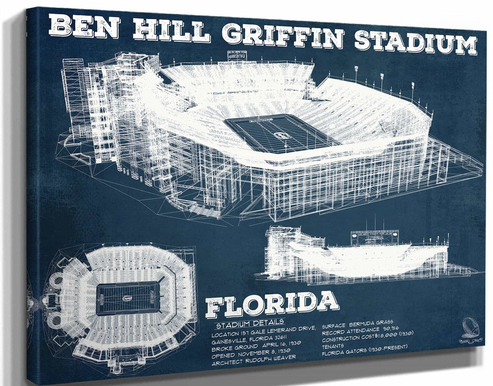 14" x 11" / Stretched Canvas Wrap Cutler West Ben Hill Griffin Stadium Art - University of Florida Gators Vintage Stadium & Blueprint Art Print