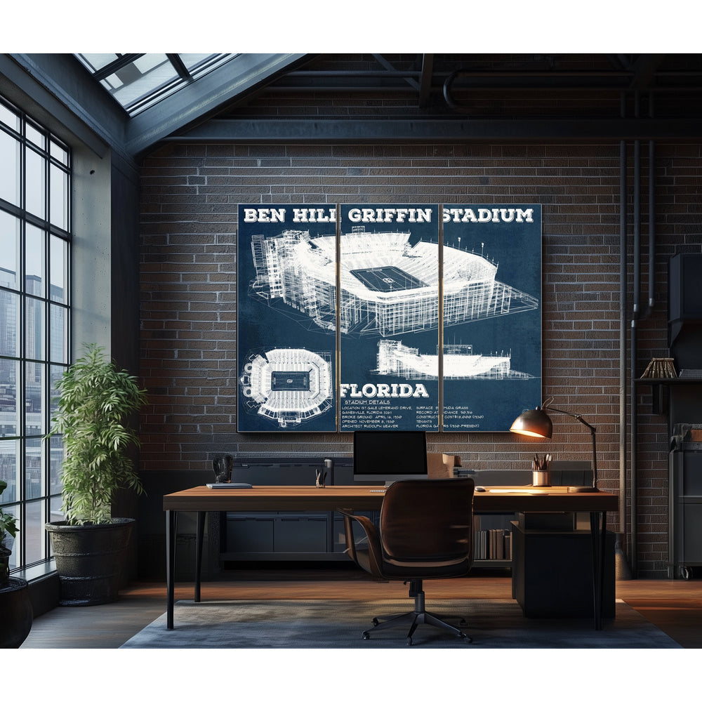 Ben Hill Griffin Stadium Art - University of Florida Print in a distressed Vintage Black wood frame with ornate corners