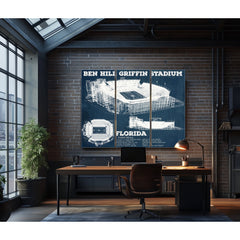 Ben Hill Griffin Stadium Art - University of Florida Print as a 3 panel canvas wrap in an industrial loft office