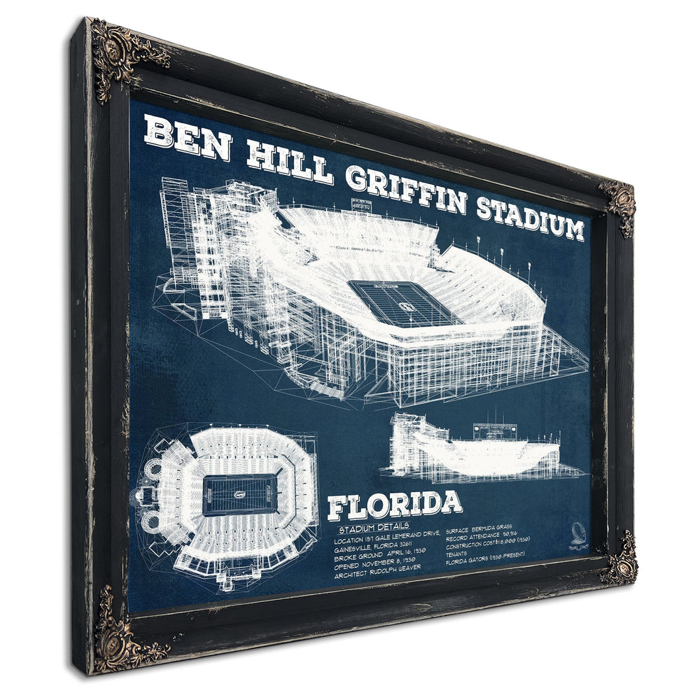 Ben Hill Griffin Stadium Art - University of Florida Print in a distressed Vintage Black wood frame with ornate corners