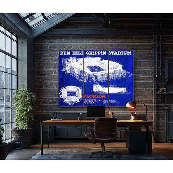 Ben Hill Griffin Stadium - University of Florida Print as a 3 panel canvas wrap in an industrial loft office