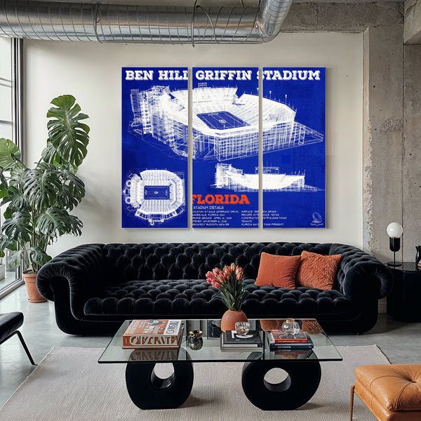 Ben Hill Griffin Stadium - University of Florida Print as a 3 panel canvas wrap in a modern living room