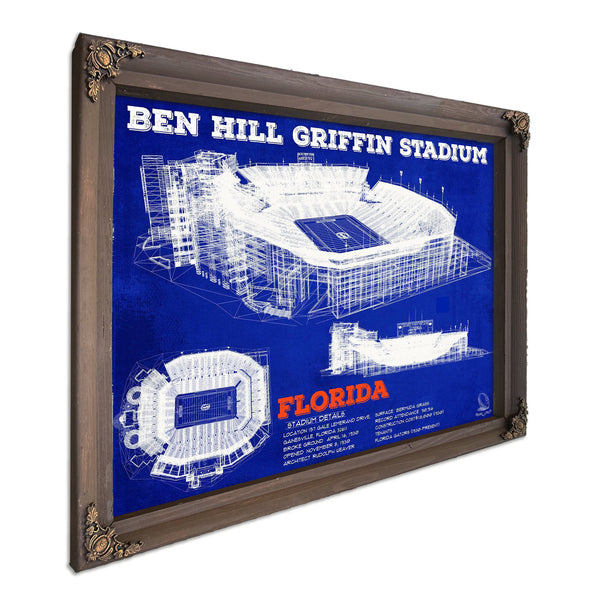 Ben Hill Griffin Stadium - University of Florida Print in a Bourbon stained wood frame with antique gold corners