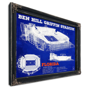 Ben Hill Griffin Stadium - University of Florida Print in a distressed Vintage Black wood frame with ornate corners