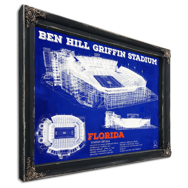 Ben Hill Griffin Stadium - University of Florida Print in a distressed Vintage Black wood frame with ornate corners