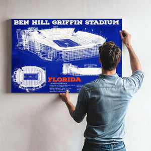 Ben Hill Griffin Stadium - University of Florida Print framed in Vintage Black above a mid-century record console