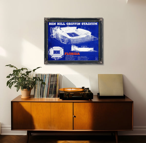 Ben Hill Griffin Stadium - University of Florida Print framed in Vintage Black in a loft bedroom