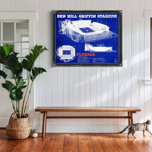 Ben Hill Griffin Stadium - University of Florida Print framed in Vintage Black above a rustic console table