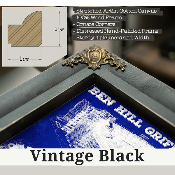Vintage Black frame corner detail, 1.5 inch ornate wood moulding, Ben Hill Griffin Stadium - University of Florida Print