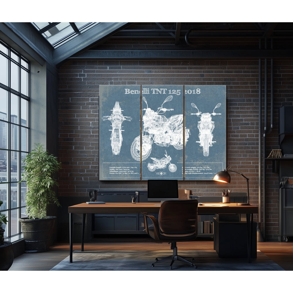 2018 Benelli TNT 125 Print in a distressed Vintage Black wood frame with ornate corners