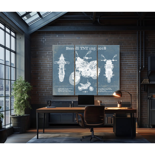 2018 Benelli TNT 125 Print as a 3 panel canvas wrap in an industrial loft office