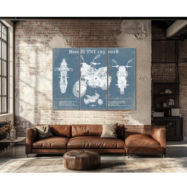 2018 Benelli TNT 125 Print as a 3 panel canvas wrap above a leather sofa
