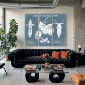 2018 Benelli TNT 125 Print as a 3 panel canvas wrap in a modern living room