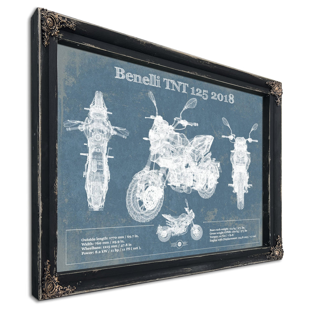 2018 Benelli TNT 125 Print in a distressed Vintage Black wood frame with ornate corners