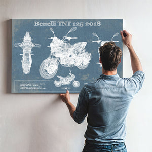 2018 Benelli TNT 125 Print framed in Vintage Black above a mid-century record console