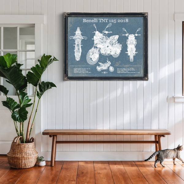 2018 Benelli TNT 125 Print framed in Vintage Black above a rustic console table